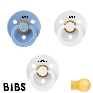 BIBS Colour Schnuller mit Namen, Gr. 1, 1 Sky Blue, 2 White, Rund Latex, (3er Pack)